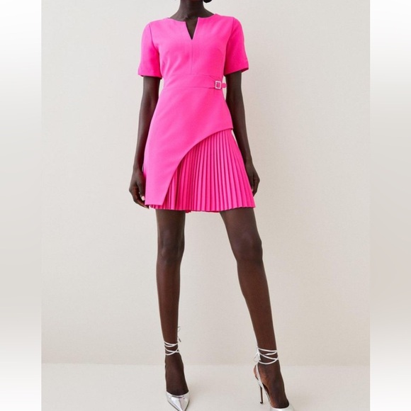 Karen Millen Tailored military pleaded short sleeve mini dress hot pink size 12 - Picture 1 of 14